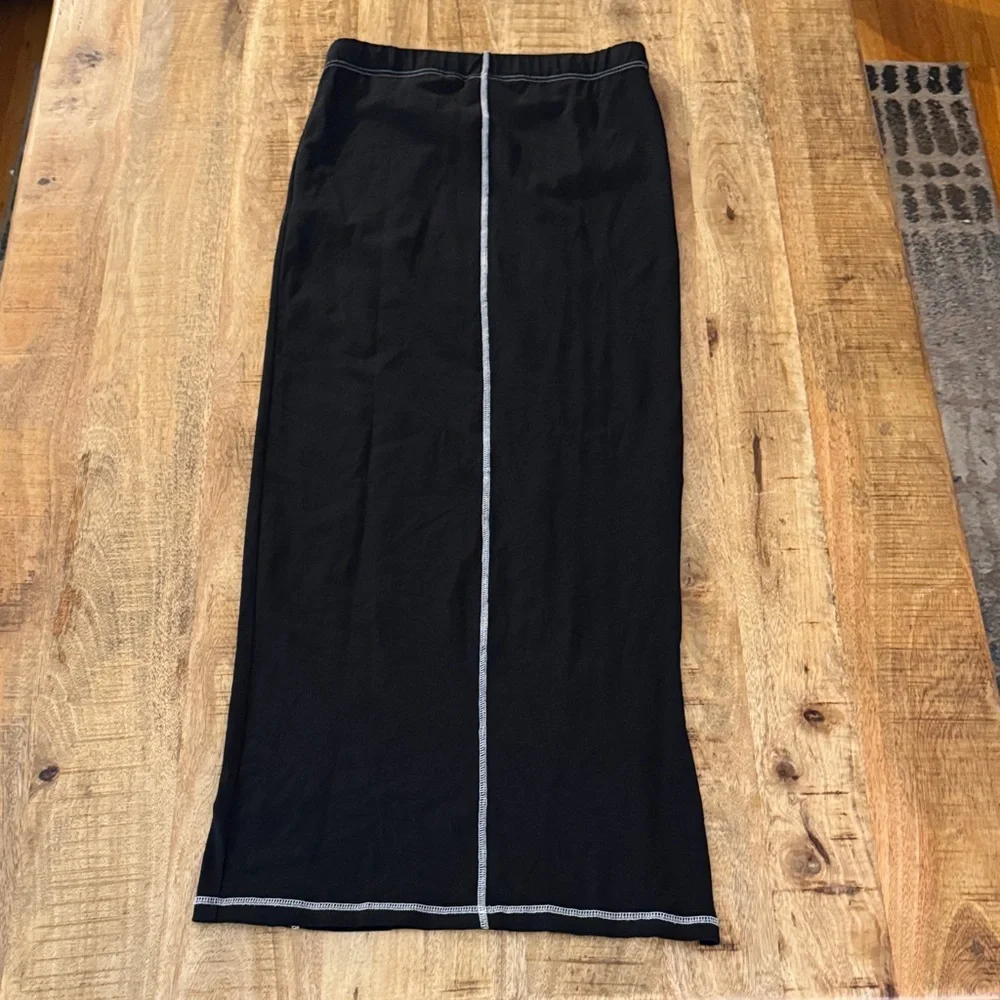 Noisy May Iconic High Waist HW white stitch Black ankle maxi bodycon skirt